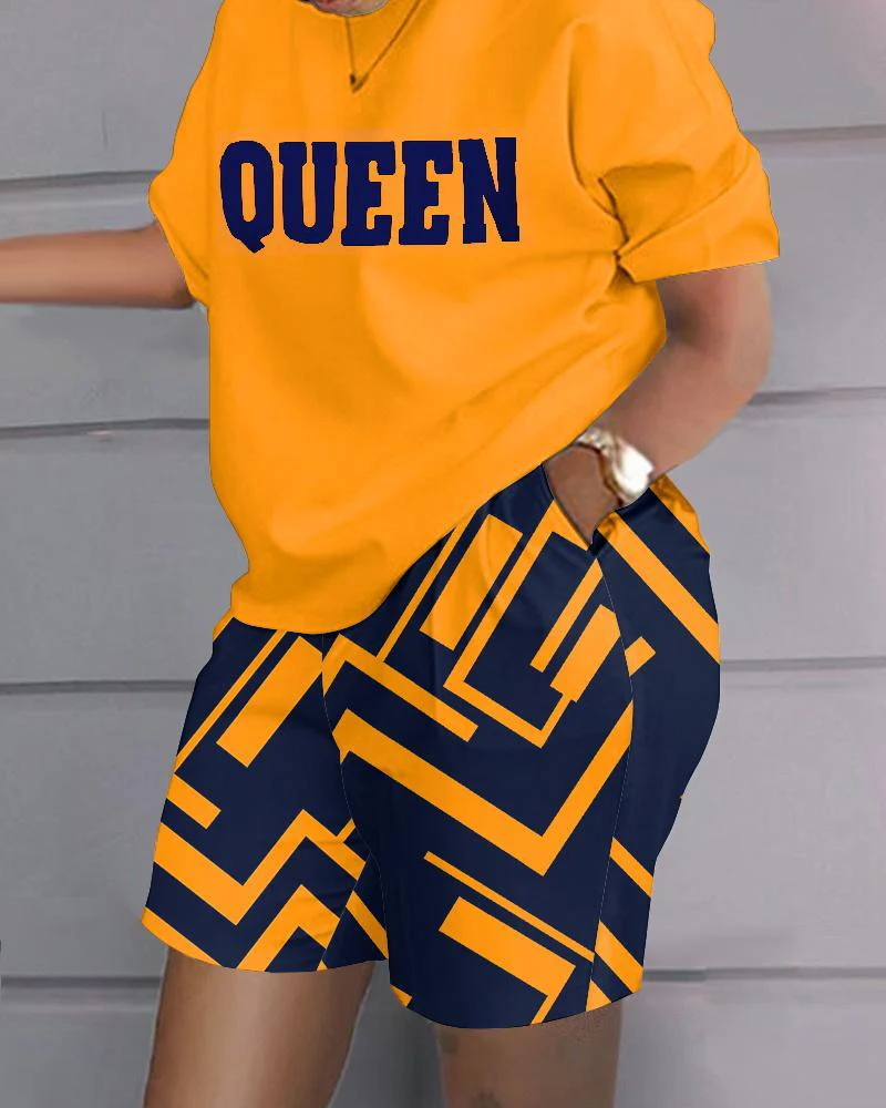Women Casual Short Sleeve Outfit 2023 Summer Fashion Letter Printed O Neck Pocket Suit Female T Shirt Top Shorts Two Pieces Set - Image 10