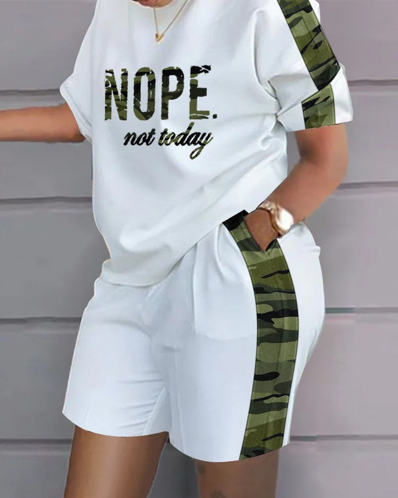 Women Casual Short Sleeve Outfit 2023 Summer Fashion Letter Printed O Neck Pocket Suit Female T Shirt Top Shorts Two Pieces Set - Image 11