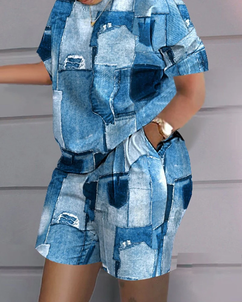 Women Casual Short Sleeve Outfit 2023 Summer Fashion Letter Printed O Neck Pocket Suit Female T Shirt Top Shorts Two Pieces Set - Image 12