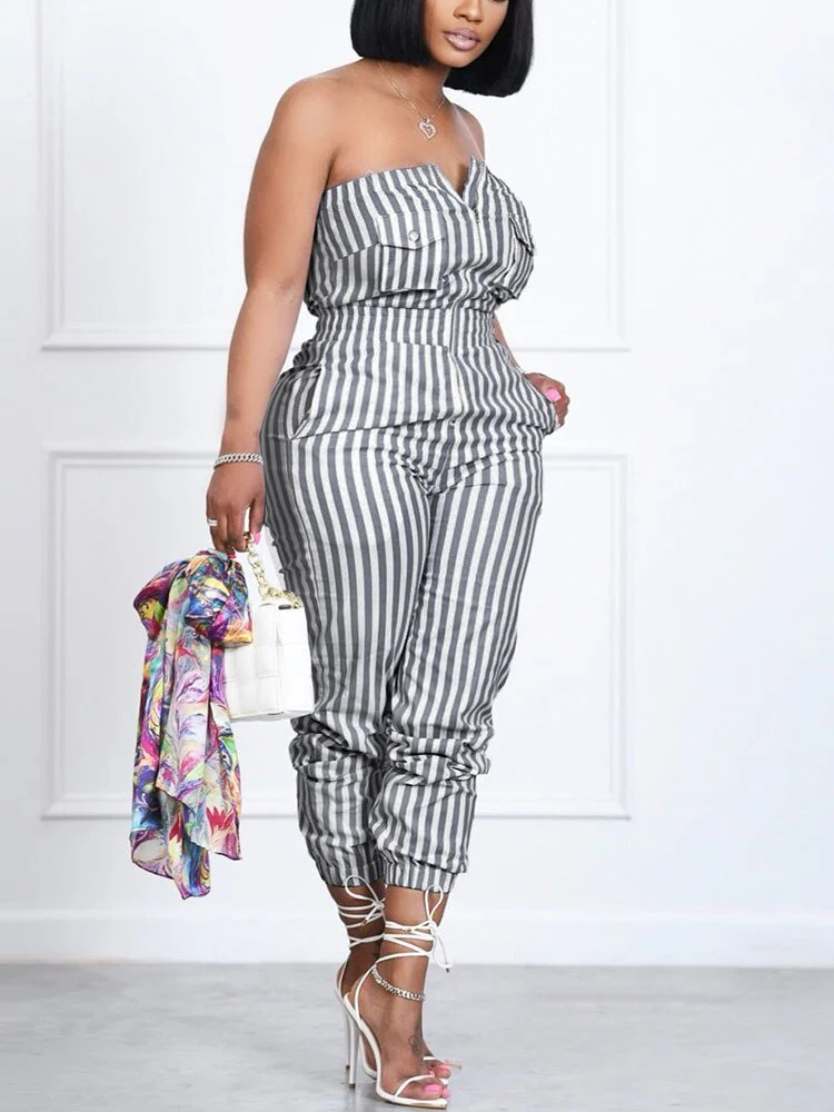 Women Casual Striped Jumpsuit Slim Zipper Front Tube Jumpsuit Overalls - Image 3