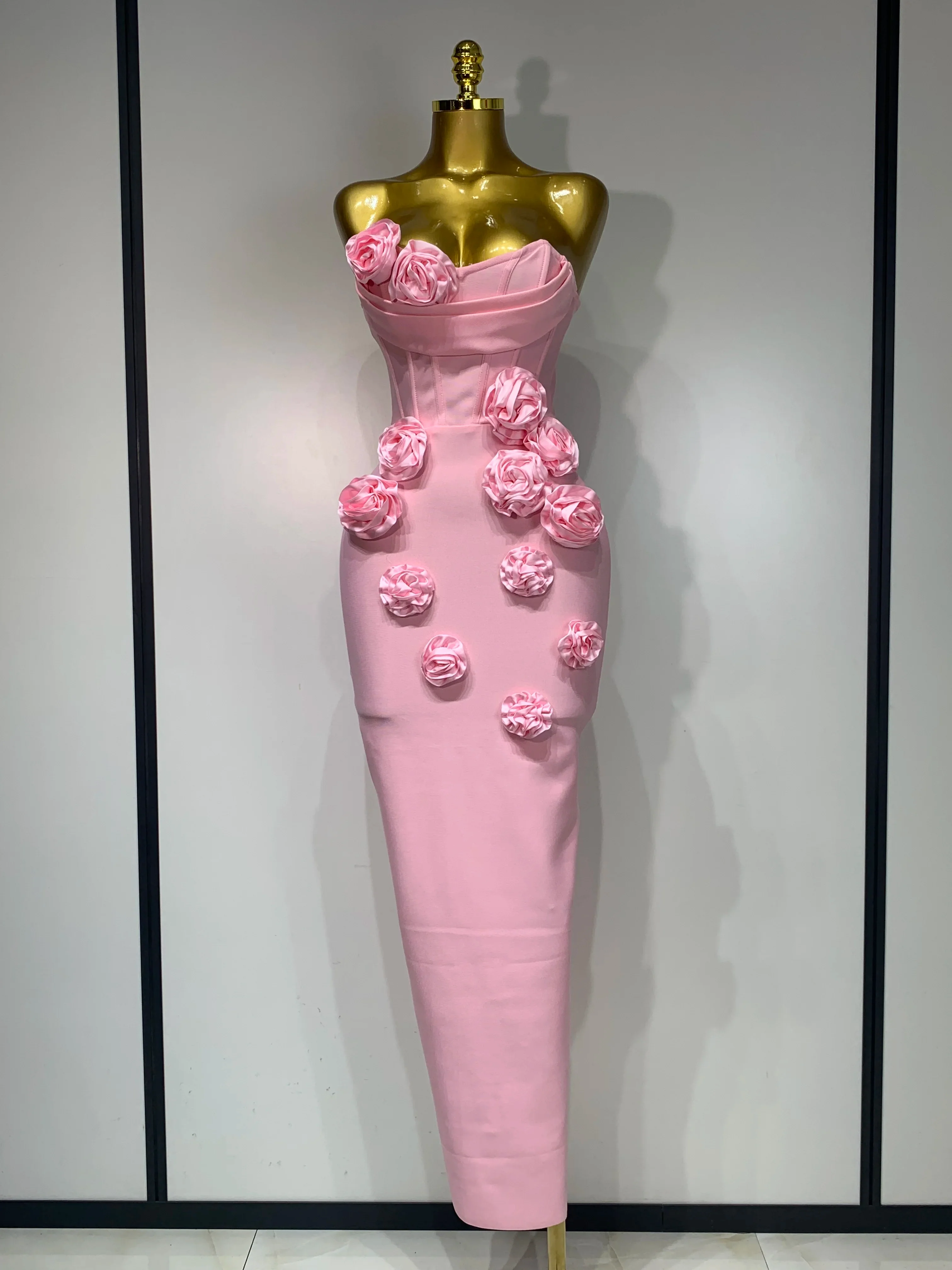 Women Celebrity Sexy Strapless Backless Flower Maxi Long Bodycon Bandage Dress 2025 Elegant Birthday Evening Club Party Dresses