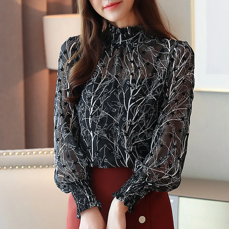 Women Chiffon Blouses 2023 Casual Stand Collar Floral Women Clothing Long Sleeve Printed Shirt Women Tops Chemise Femme 6197 - Image 6