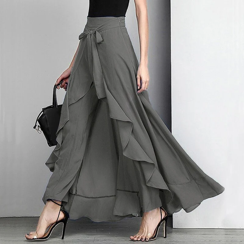 Women Chiffon Palazzo Trouser Summer Irregular Ruffle Drawstring Lace-up Solid Color Pant Skirt Female Causal High Waist Trouser - Image 9