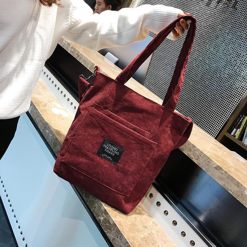 Women Corduroy Shoulder Bags Striped Cloth Fabric Handbags Casual Zip Tote Canvas Crossbody Bag Cute Shopping Bag For Ladies - Image 10
