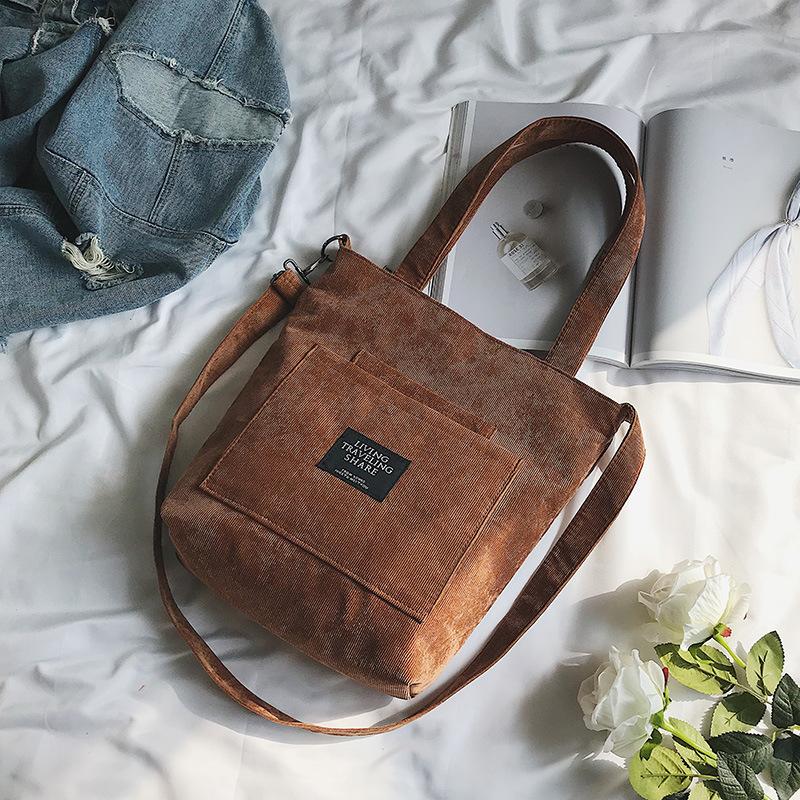 Women Corduroy Shoulder Bags Striped Cloth Fabric Handbags Casual Zip Tote Canvas Crossbody Bag Cute Shopping Bag For Ladies - Image 11