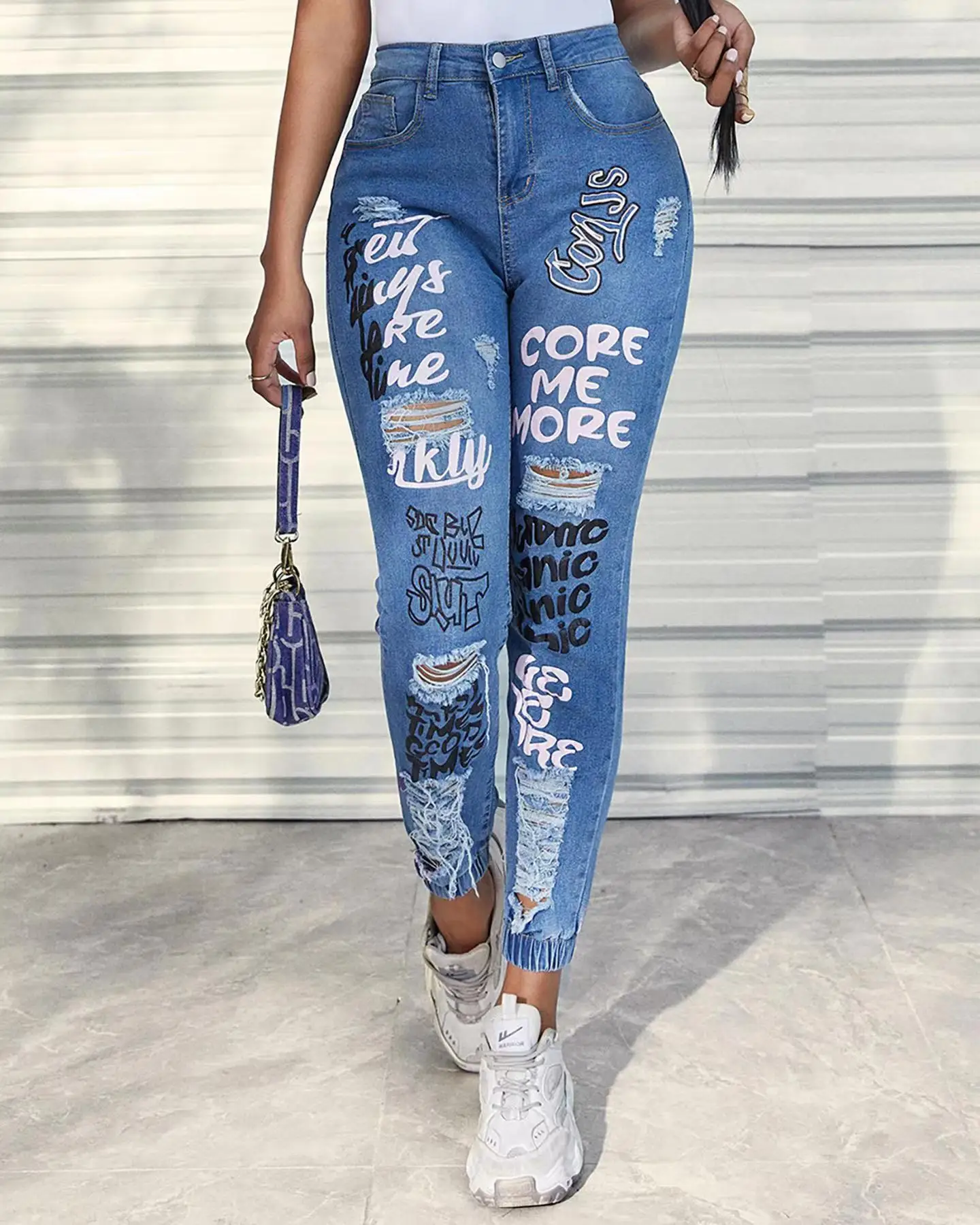 Women Denim Jeans Ankle Length Print Holes Pencil Pants Pockets Washing Slim Basics Zipper Fly Spring Flat Slight Strech - Image 3