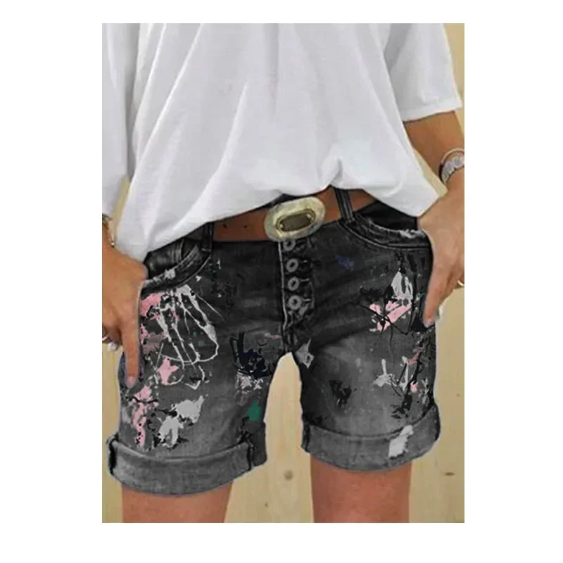 Women Denim Shorts Summer Elastic Single-breasted Print Casual Lady New Fashion Street Sweet Skinny Jeans Pants - Image 7