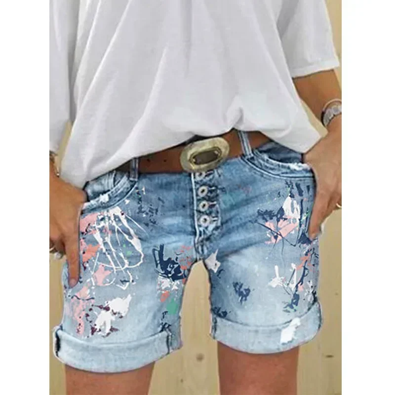 Women Denim Shorts Summer Elastic Single-breasted Print Casual Lady New Fashion Street Sweet Skinny Jeans Pants - Image 8