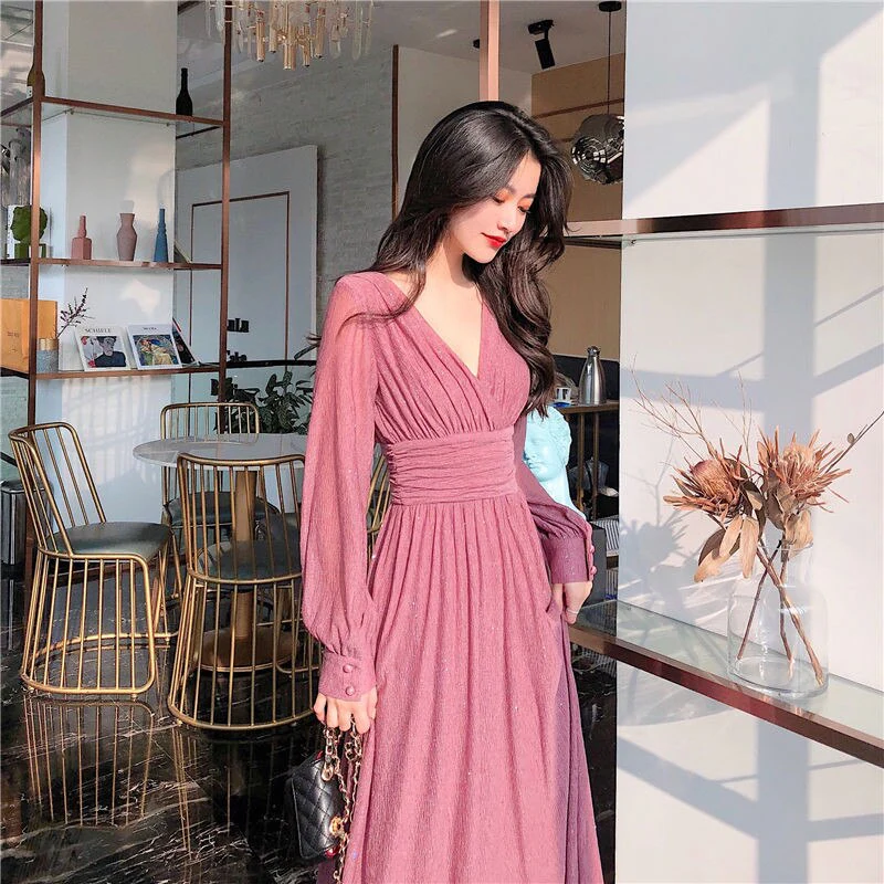 Women Dress Autumn V-Neck Long Sleeve Shiny Midi Dress A-Line Evening Night Party Elegant Dress Red Black Pink vestidos 2021 - Image 2