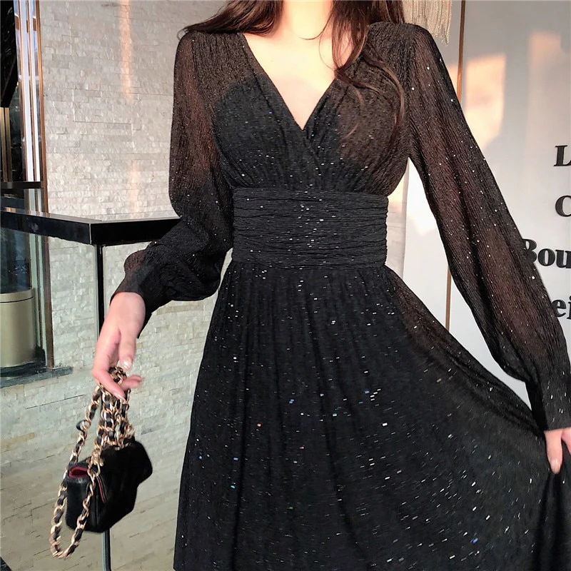Women Dress Autumn V-Neck Long Sleeve Shiny Midi Dress A-Line Evening Night Party Elegant Dress Red Black Pink vestidos 2021 - Image 8