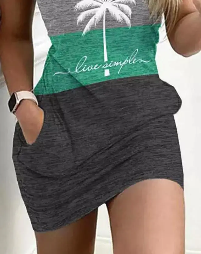 Women Dresses 2023 Summer Fashion Coconut Tree Print Colorblock Casual V-Neck Sleeveless Pocket Design Daily Vacation Mini Dress - Image 3