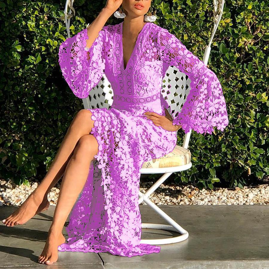 Women Dresses Lace Dress Flare Sleeve V-neck Hollow Out Long Sleeve White  Sexy Long Dresses  Party Evening - Image 4