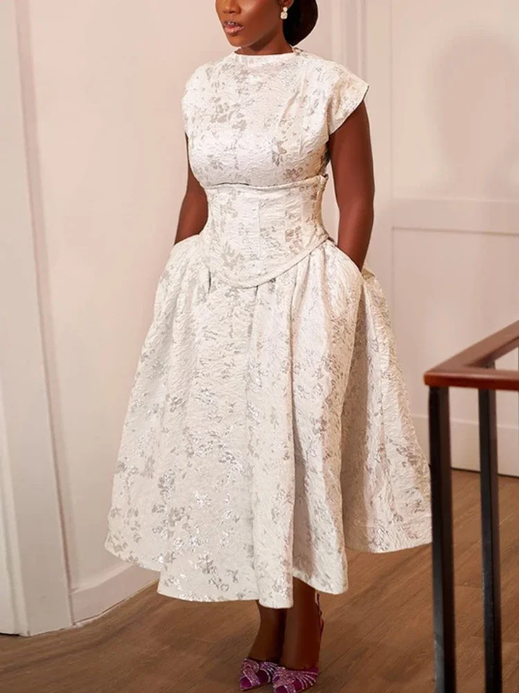 Women Dresses Short Lantern Sleeve High Waist Pleated Party Wedding Guest Event Occasion Female Gowns African Summer Fashion New - Image 3