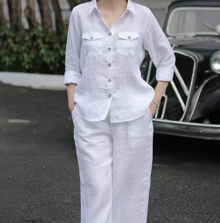 Women Elegant Lapel Neck Long Sleeve Shirt Pants Sets 2PCS Fashion Autumn Outifits Solid Work Trousers Suits Tracksuit - Image 7