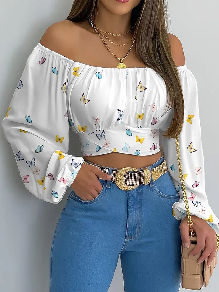 Women Elegant Off Shoulder Print Blouse Sexy Lace Up Bow Backless Slim Shirt Casual Long Sleeve Chic Crop Top Streetwear Tunic - Image 5