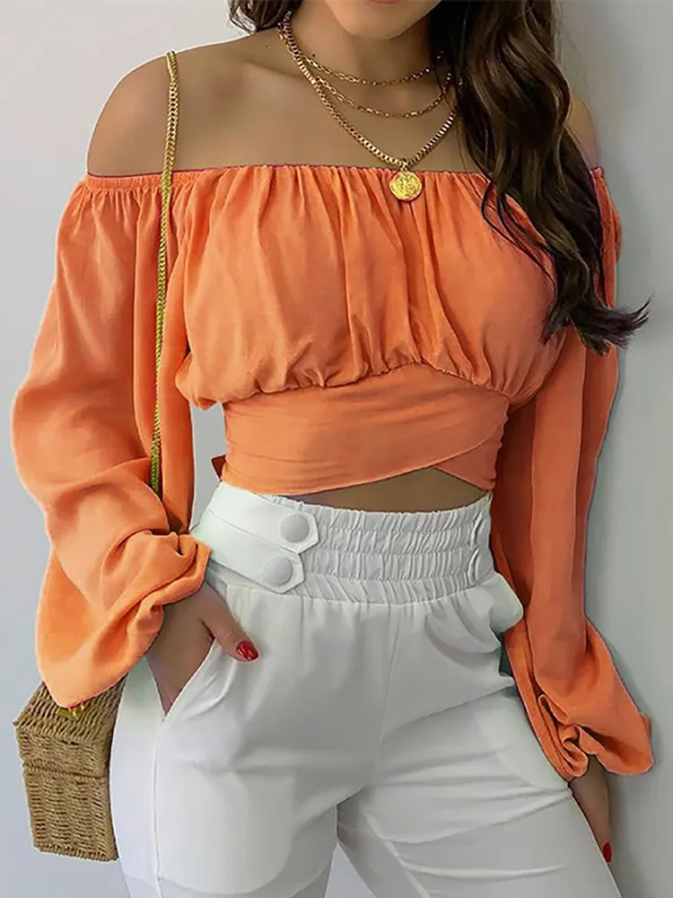 Women Elegant Off Shoulder Print Blouse Sexy Lace Up Bow Backless Slim Shirt Casual Long Sleeve Chic Crop Top Streetwear Tunic - Image 7