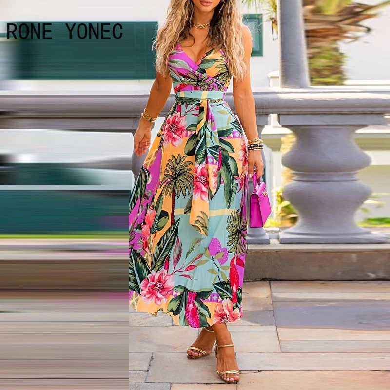 Women Elegant Sexy Spaghetti Straps Floral Print Deep V Neck Maxi Sexy Casual Party Dresses - Image 2