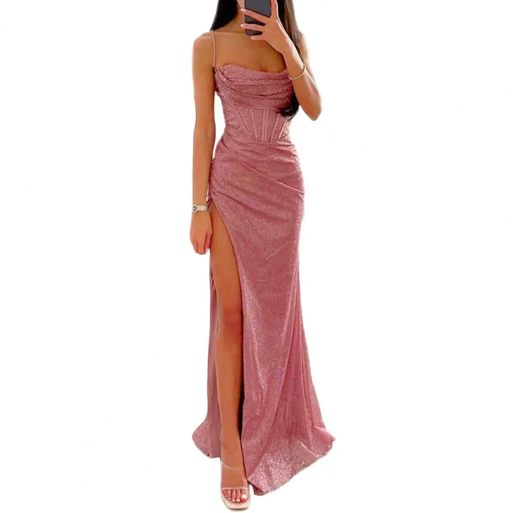 Women Evening Dress Shiny Sequin Spaghetti Strap Maxi Dress Off Shoulder Sleeveless Low-cut High Split High Waist Prom Dress - Image 2