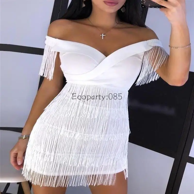 Women Evening Dresses Sexy Big V Neck One-shoulder Fringed Skirt Ladies Temperament Slim Dress Short Sleeve Club Dress Vestidos - Image 2