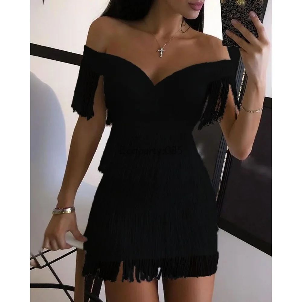 Women Evening Dresses Sexy Big V Neck One-shoulder Fringed Skirt Ladies Temperament Slim Dress Short Sleeve Club Dress Vestidos - Image 3