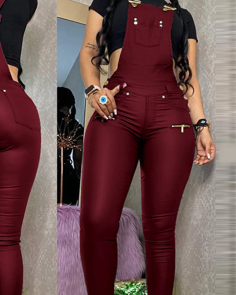 Women Fashion Buckled Zipper Design PU Suspender Jumpsuit - Image 2