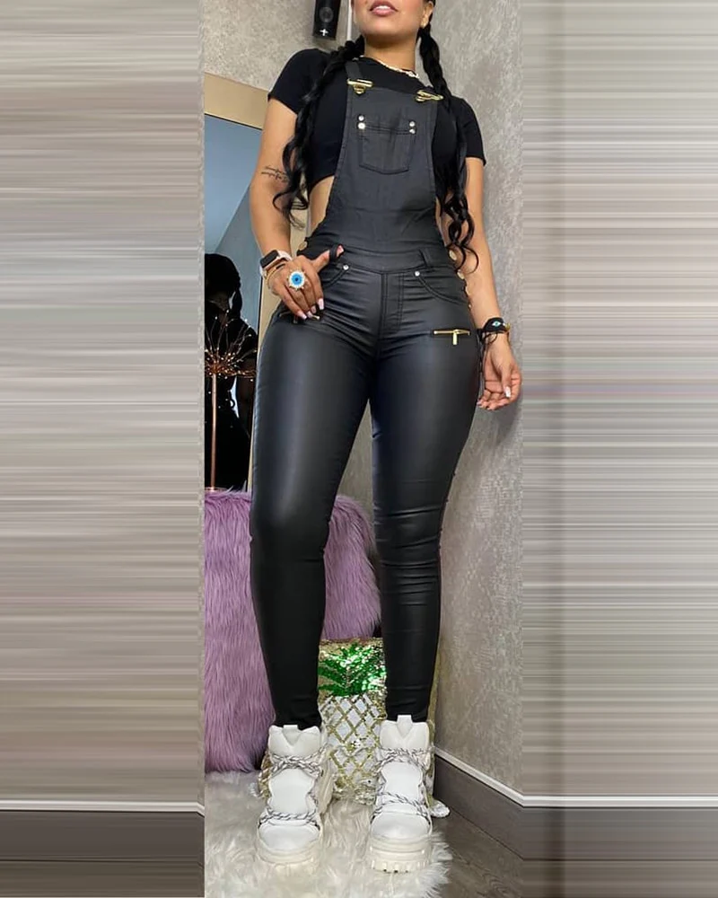Women Fashion Buckled Zipper Design PU Suspender Jumpsuit - Image 3