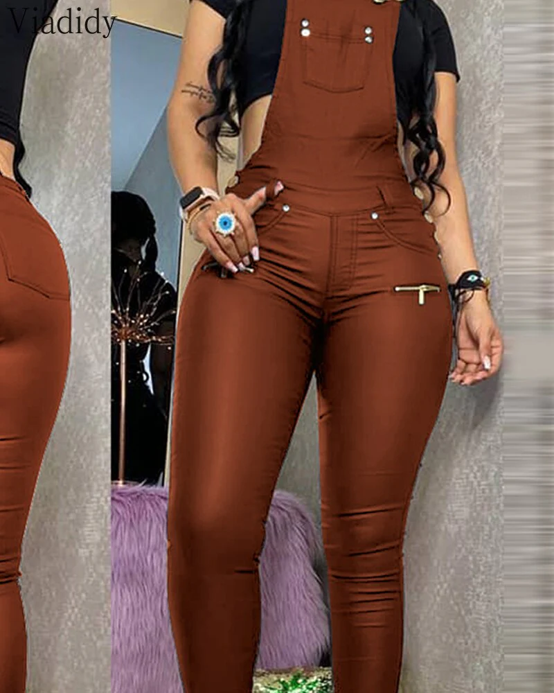 Women Fashion Buckled Zipper Design PU Suspender Jumpsuit - Image 4