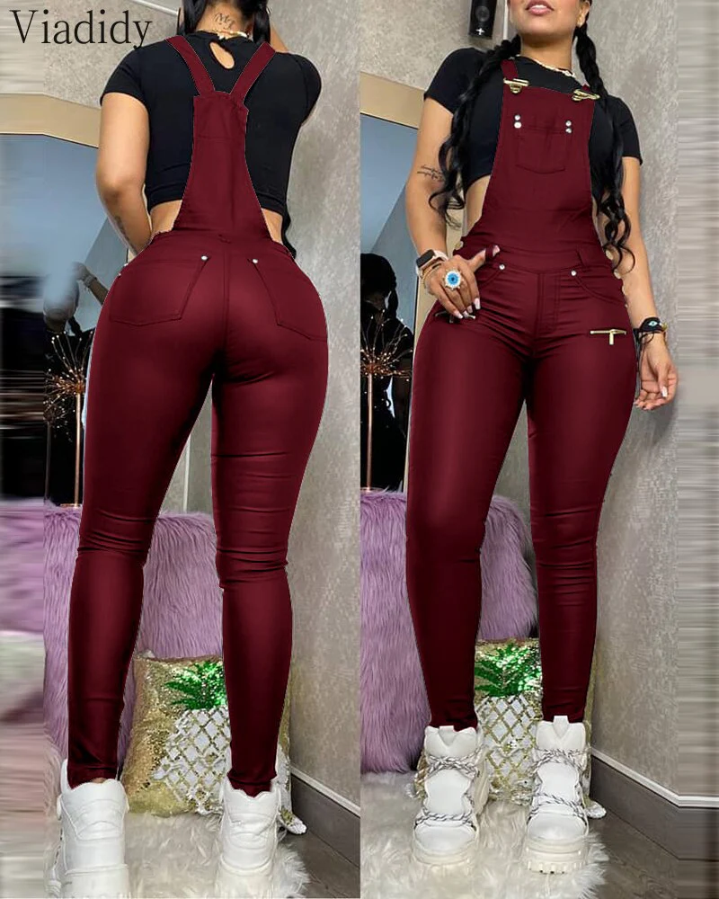Women Fashion Buckled Zipper Design PU Suspender Jumpsuit - Image 5