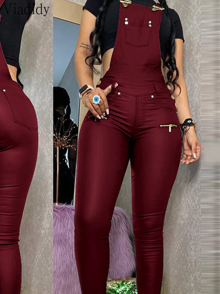 Women Fashion Buckled Zipper Design PU Suspender Jumpsuit - Image 6
