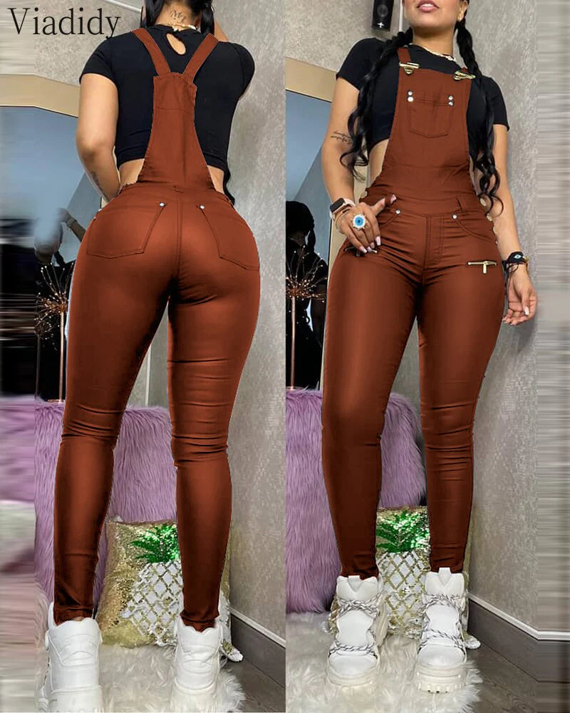 Women Fashion Buckled Zipper Design PU Suspender Jumpsuit - Image 7