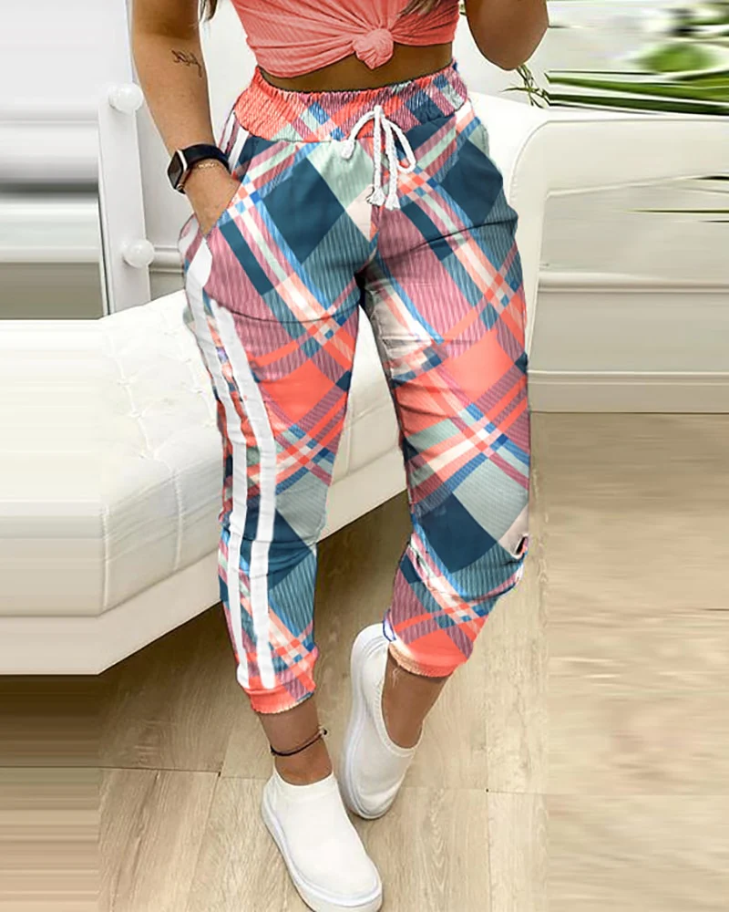 Women Fashion Casual Pants Trousers  Colorblock Plaid print Cargo Pants Autumn Fashion Pocket Design Drawstring Casual Pants - Image 3