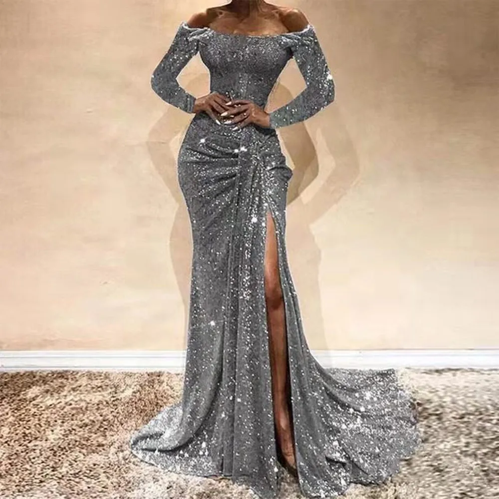 Women Fashion Sequins Prom Dress Sexy Off Shoulder Long Sleeve Party Dress Elegant High Side Split Mermaid Evening Gowns - Image 4