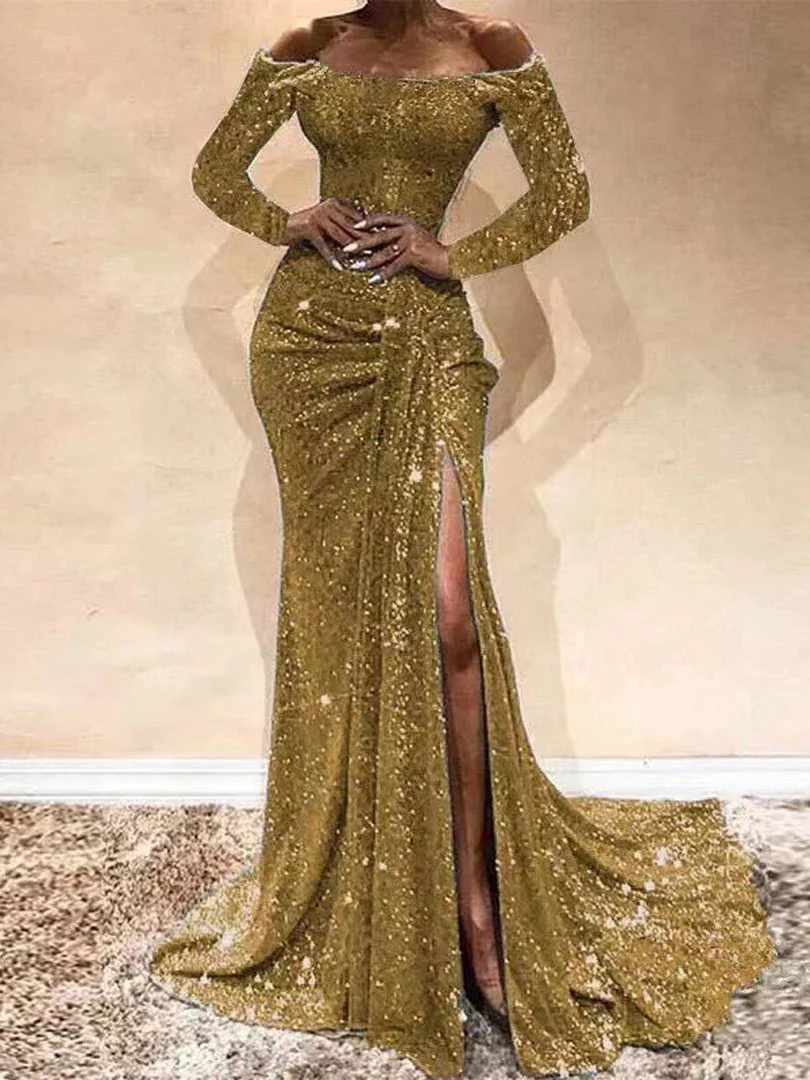 Women Fashion Sequins Prom Dress Sexy Off Shoulder Long Sleeve Party Dress Elegant High Side Split Mermaid Evening Gowns - Image 5