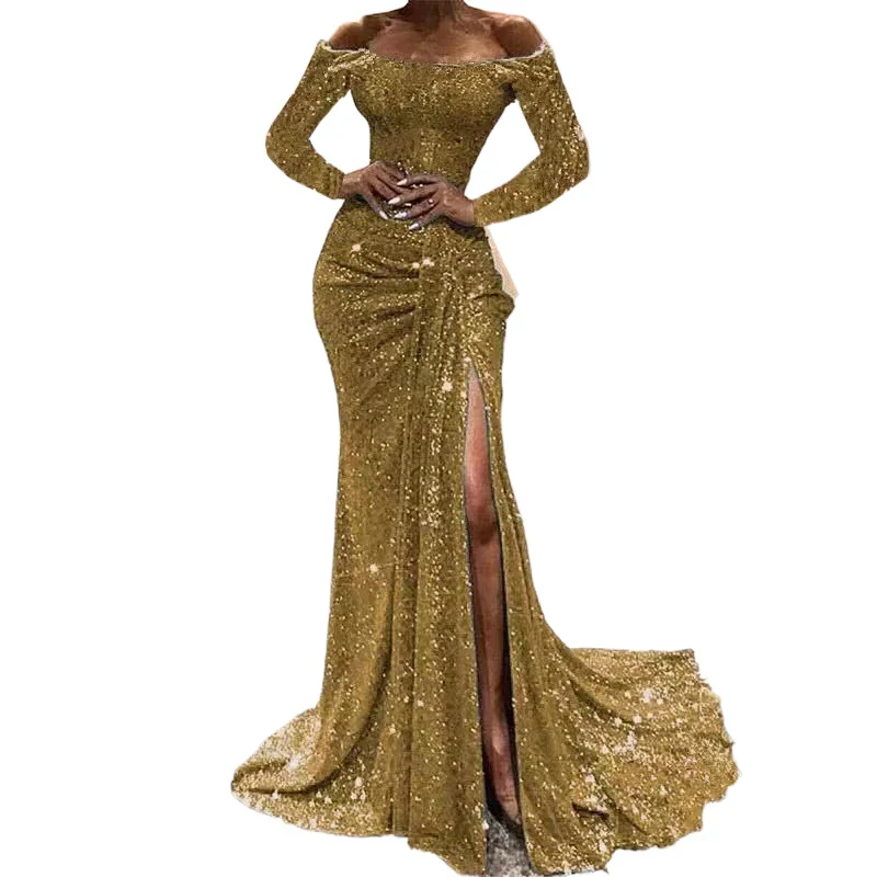 Women Fashion Sequins Prom Dress Sexy Off Shoulder Long Sleeve Party Dress Elegant High Side Split Mermaid Evening Gowns - Image 6