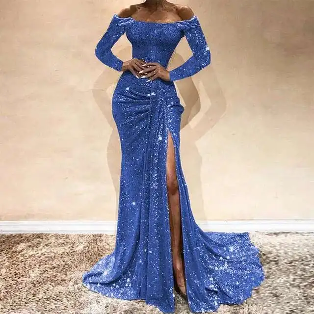 Women Fashion Sequins Prom Dress Sexy Off Shoulder Long Sleeve Party Dress Elegant High Side Split Mermaid Evening Gowns - Image 7