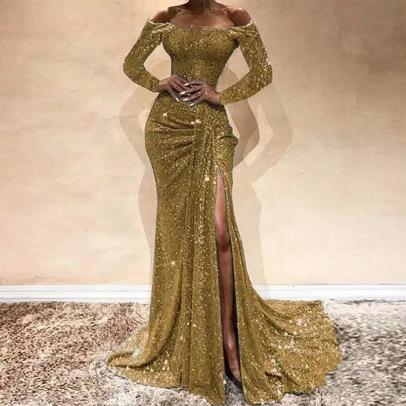 Women Fashion Sequins Prom Dress Sexy Off Shoulder Long Sleeve Party Dress Elegant High Side Split Mermaid Evening Gowns - Image 8