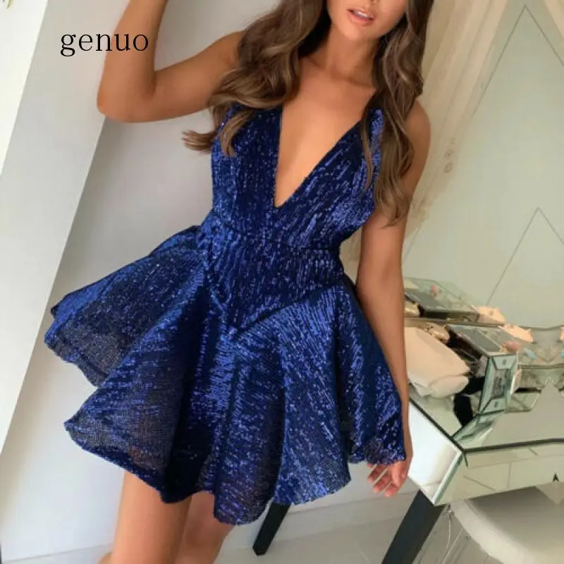 Women Fashion Solid Color Glitter Deep-V Neck Mini Dress Ladies Sexy Backless Clubwear Black White Blue Red - Image 2
