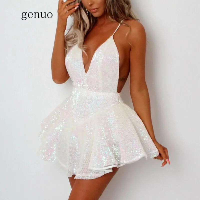 Women Fashion Solid Color Glitter Deep-V Neck Mini Dress Ladies Sexy Backless Clubwear Black White Blue Red - Image 3