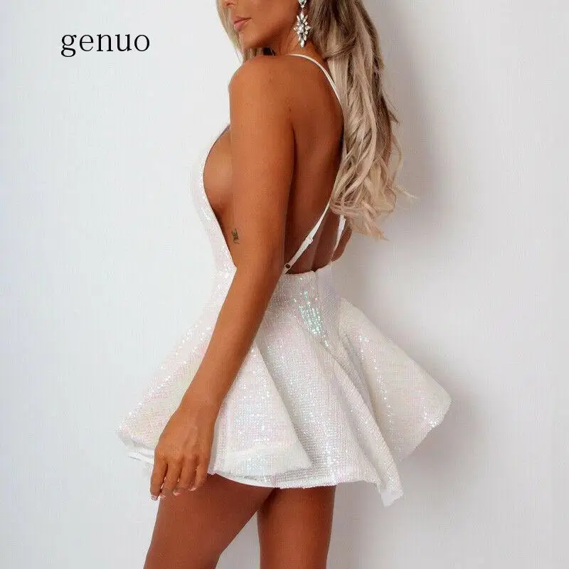 Women Fashion Solid Color Glitter Deep-V Neck Mini Dress Ladies Sexy Backless Clubwear Black White Blue Red - Image 4