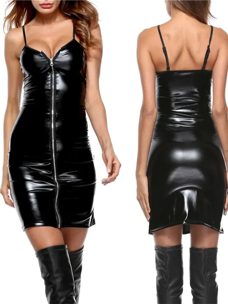 Women Faux PU Leather Dresses Deep Vneck Zippers High Elasticity Dress Sexy Club Party Oversize Fashion Office Lady Dress M0129 - Image 11