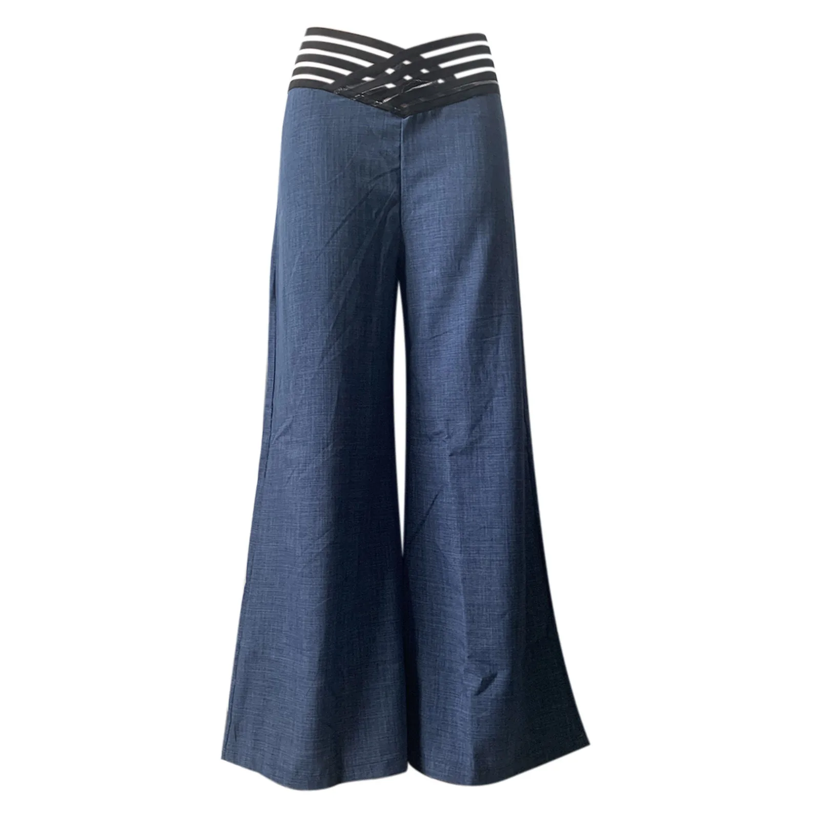 Women Flared Pants Elegant Office Lady Casual High Waist Trousers Spring Summer Solid Crisscross Sheer Mesh Patch Wide Leg Pant - Image 4