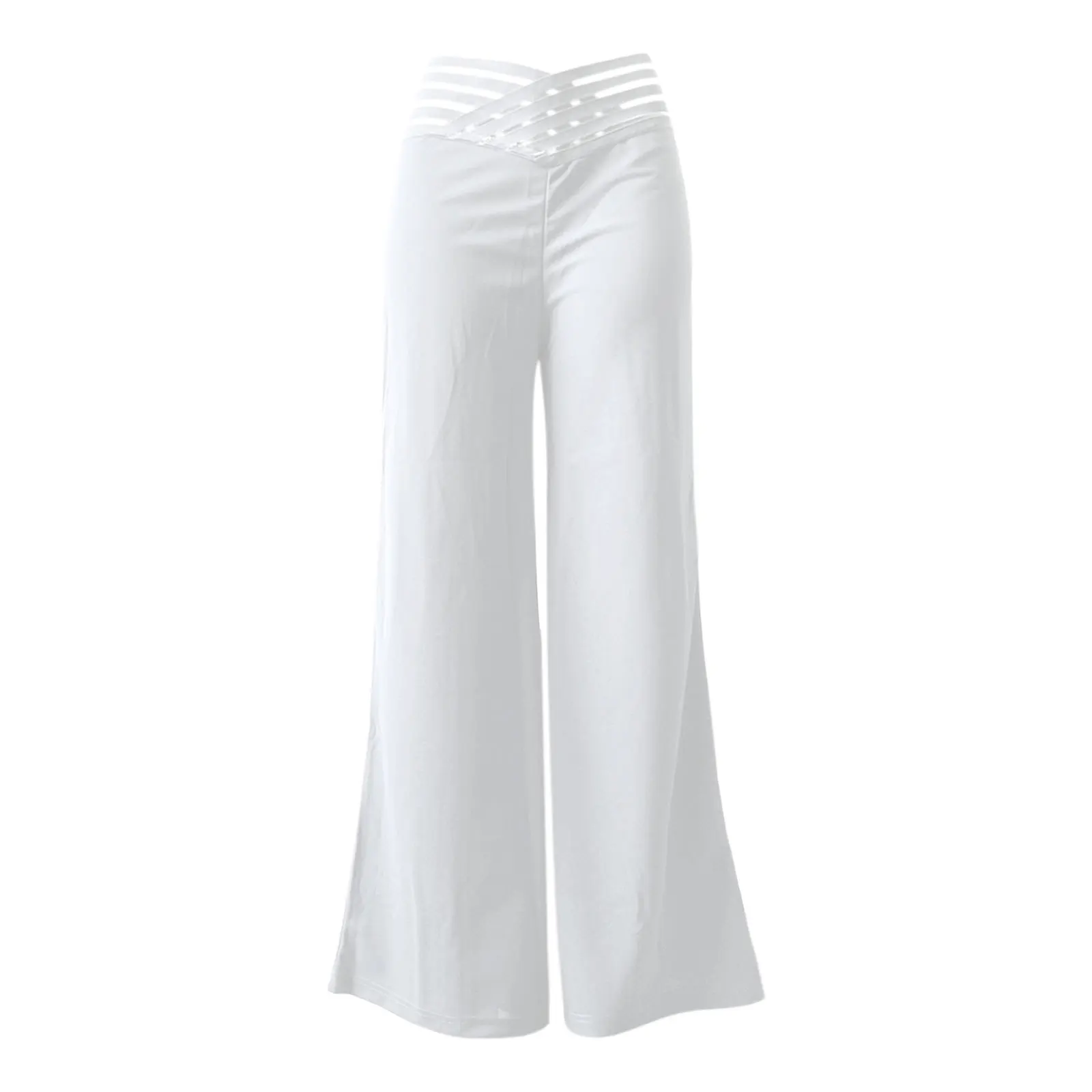 Women Flared Pants Elegant Office Lady Casual High Waist Trousers Spring Summer Solid Crisscross Sheer Mesh Patch Wide Leg Pant - Image 2