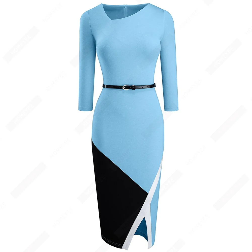 Women Formal Knee Length Asymmetrical Neck Wear to Work Business Office Bodycon Elegant Pencil Dress EB290 - Image 2