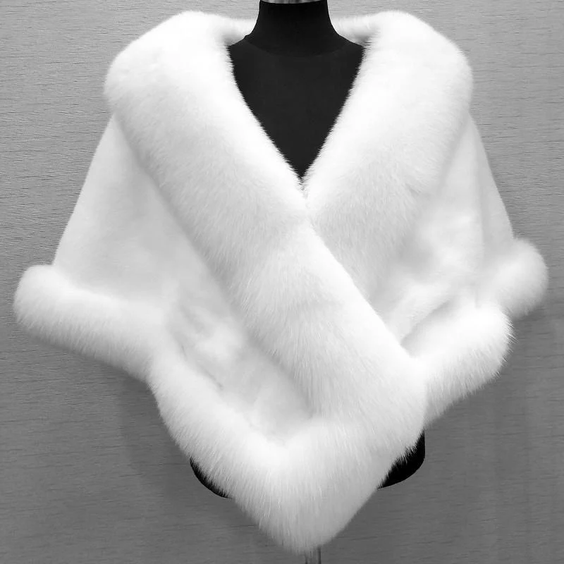 Women Sexy Fur Shoulder Wrap Bridal Shawls Winter Cape Female Jacket White Black Faux Fur Coat - Image 12
