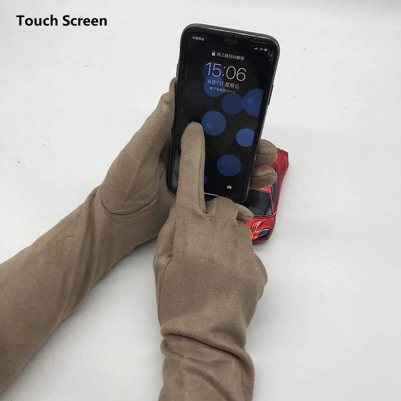 Women Gloves Winter Touch Screen 2021 New Long Style Suede Touch Screen Gloves Black Gray Composite Suede Fashion - Image 2