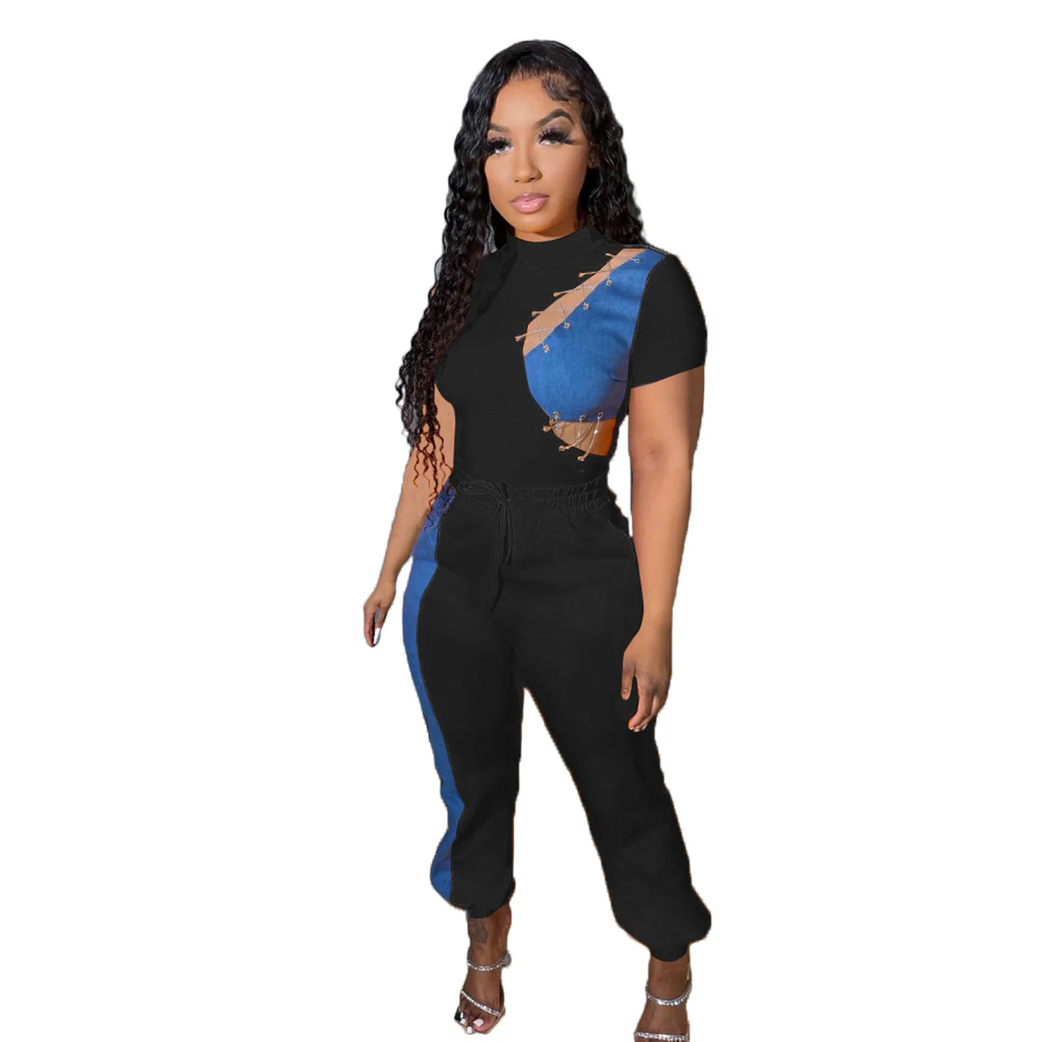 Women Going Out Outfits Spring Patchwork Jeans 2 Piece Pants Set Women Set Hollow Out Two Piece Women - Image 4