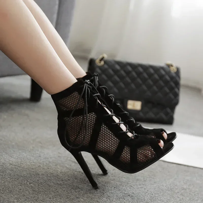 Women High Heels Dance Shoes Summer Mesh Cutout Breathable Boots Elegant Shoes Ladies Fashion Party Stiletto Sandals
