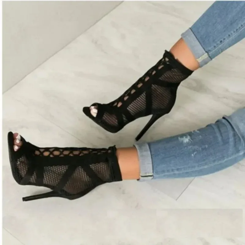 Women High Heels Dance Shoes Summer Mesh Cutout Breathable Boots Elegant Shoes Ladies Fashion Party Stiletto Sandals - Image 4