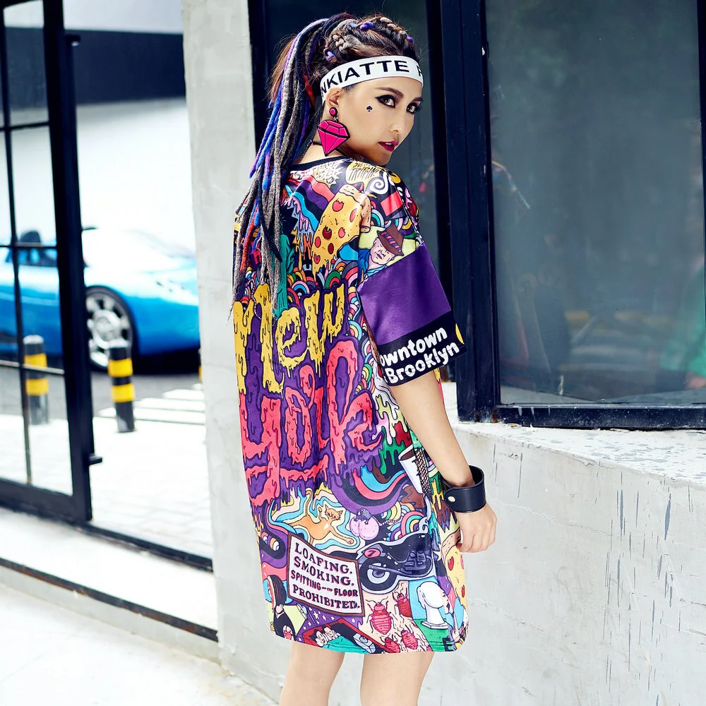 Women Hip Hop Long T Shirt Mesh Breathable Loose New York Letter Printed Pullovers Short Sleeve Tee Dress Streetwear - Image 3