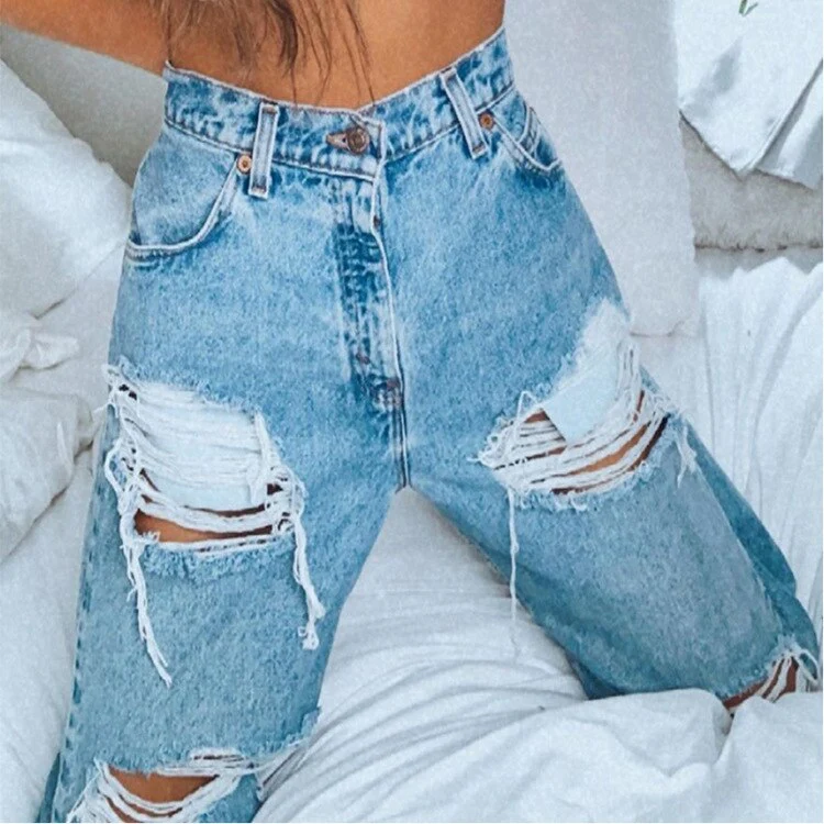 Women Hole Straight Hollow Cargo Pants Women Baggy High Waisted Pants Ripped Jeans Mom Jeans Fashion Blue Wide Leg Trousers Y2k - Image 6